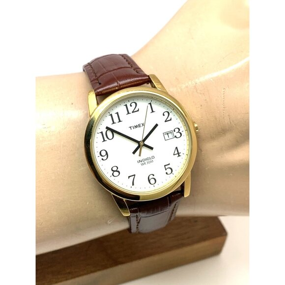 Timex Men's Watch T2H301 Quartz Indiglo White Dial Date Gold Brown Leather 35mm - Picture 11 of 14